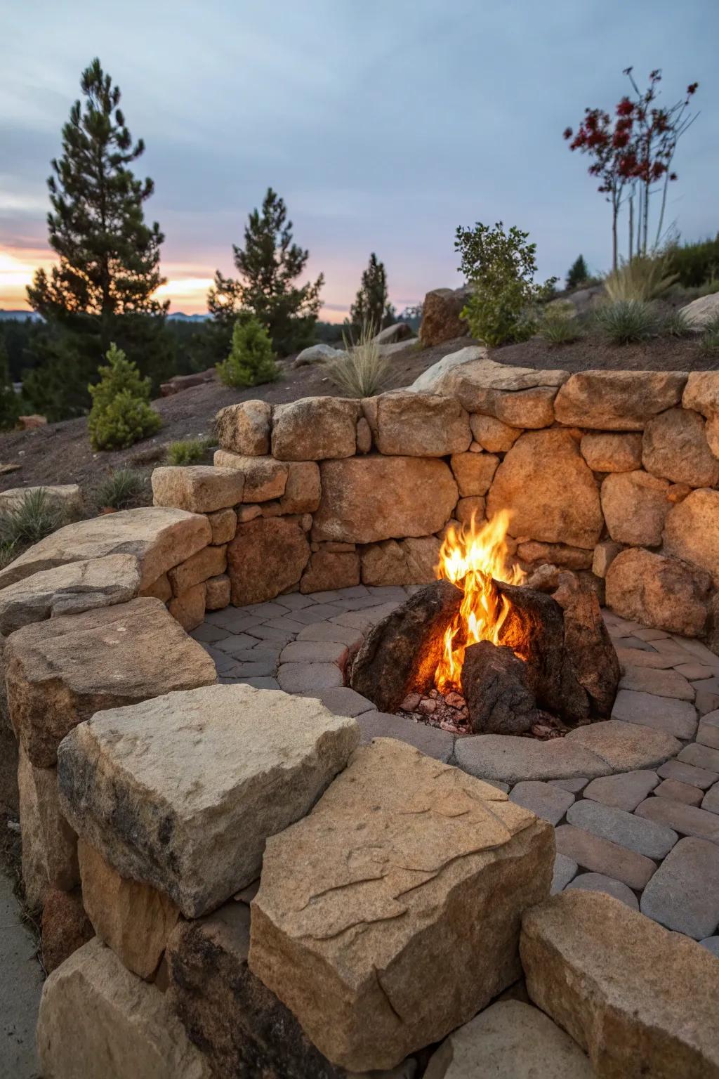 Warmth and Craftsmanship: Transform your space with a stone wall fire pit.
