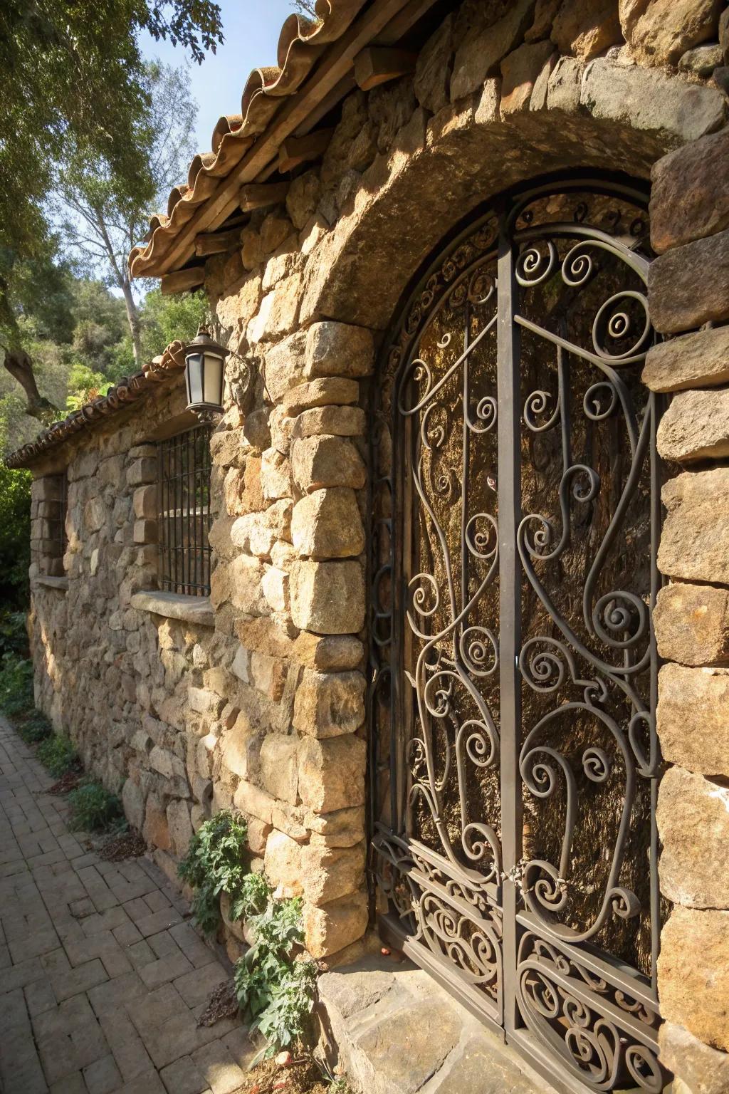 Elevate your outdoor space with the perfect blend of rustic stone and elegant ironwork.