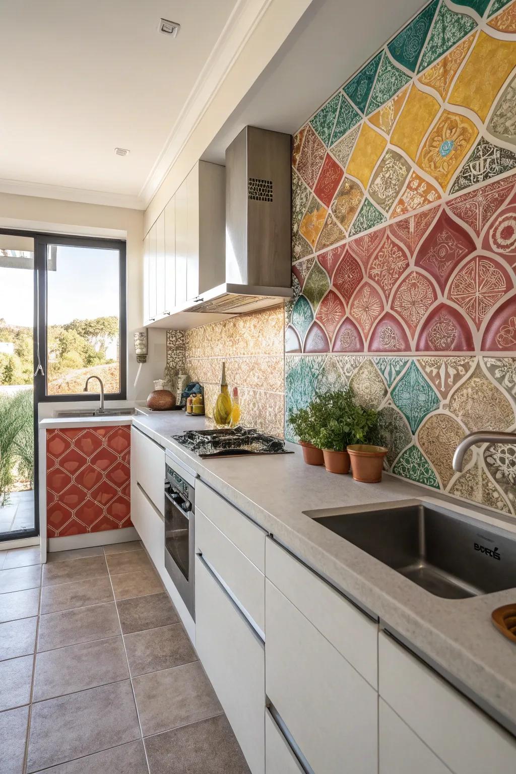 A kitchen with a textured backsplash, offering a bold and eye-catching design element.