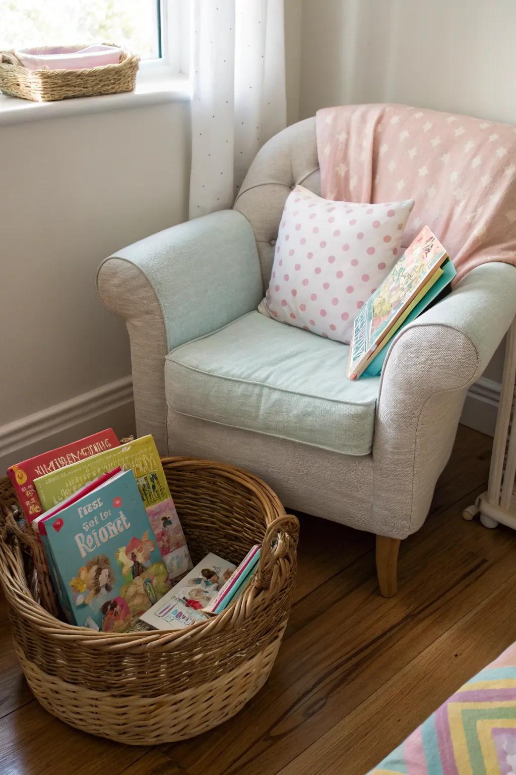 A reading corner offers a cozy spot for storytime.