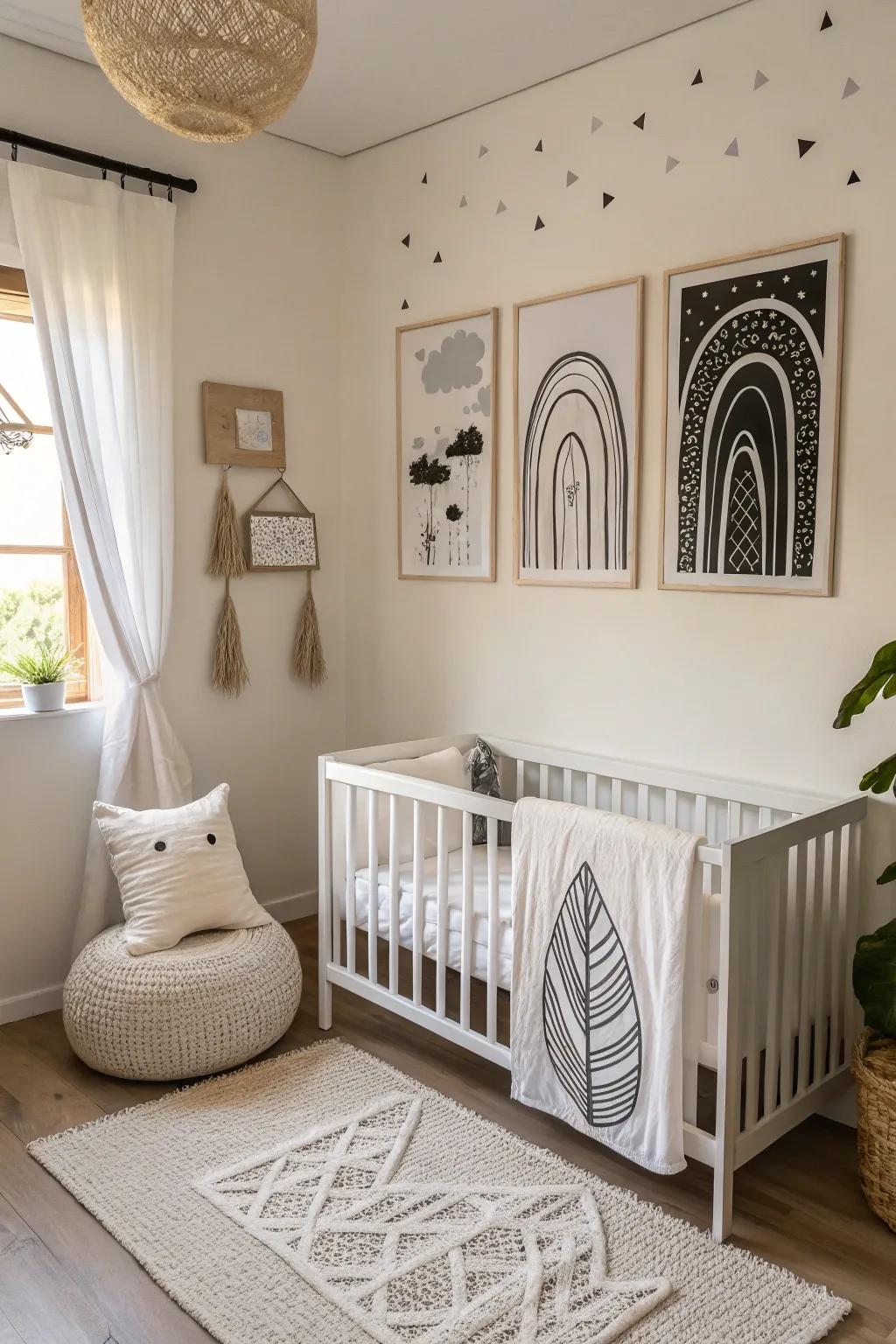 Minimalist art creates a peaceful and elegant nursery.