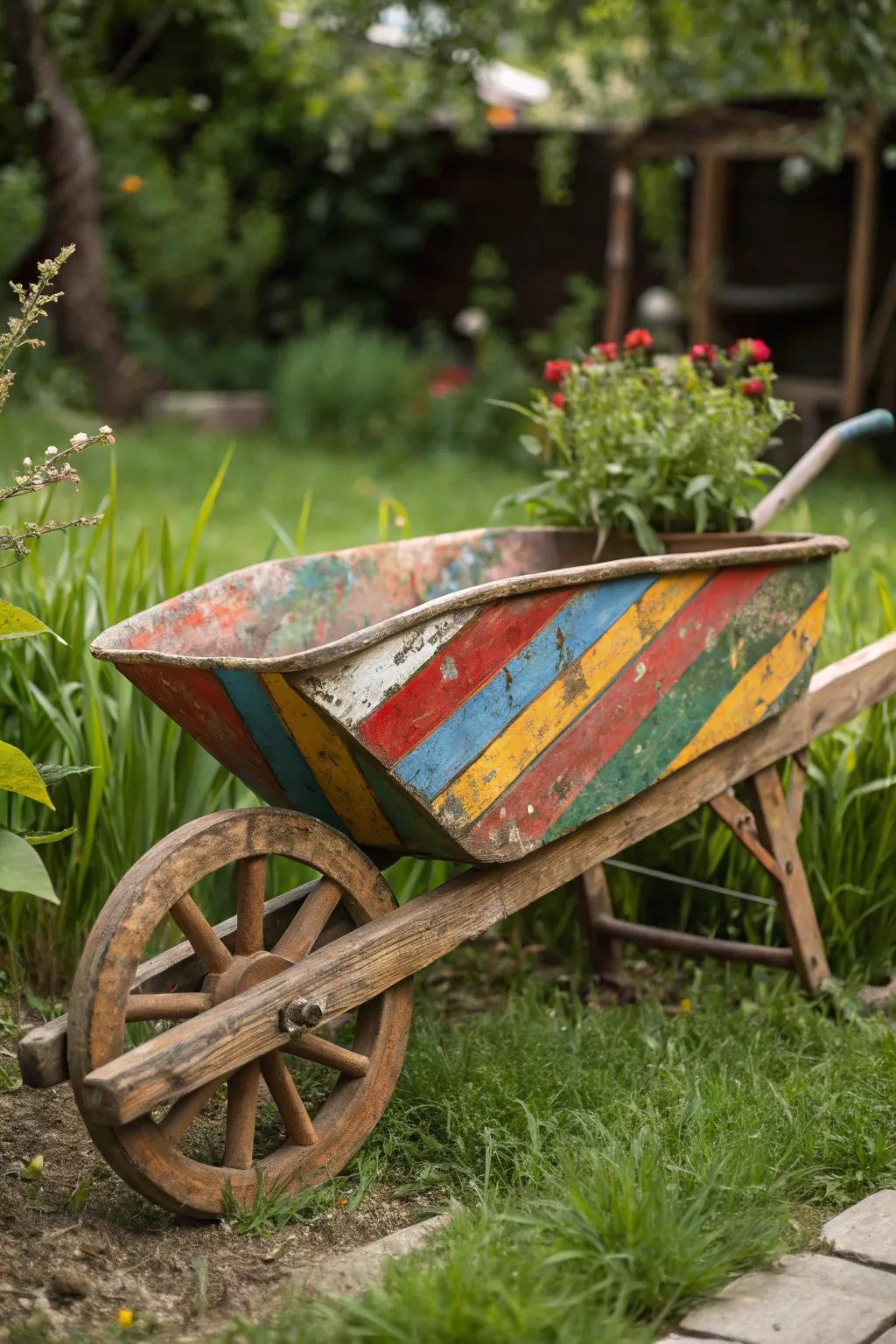 Transform your garden with a splash of creativity: an artistic wheelbarrow masterpiece!