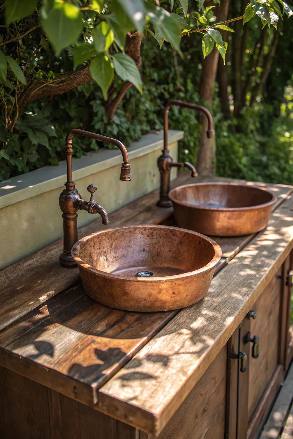 Elevate your outdoor space with a rustic dual sink setup, marrying efficiency with artisan craftsmanship.