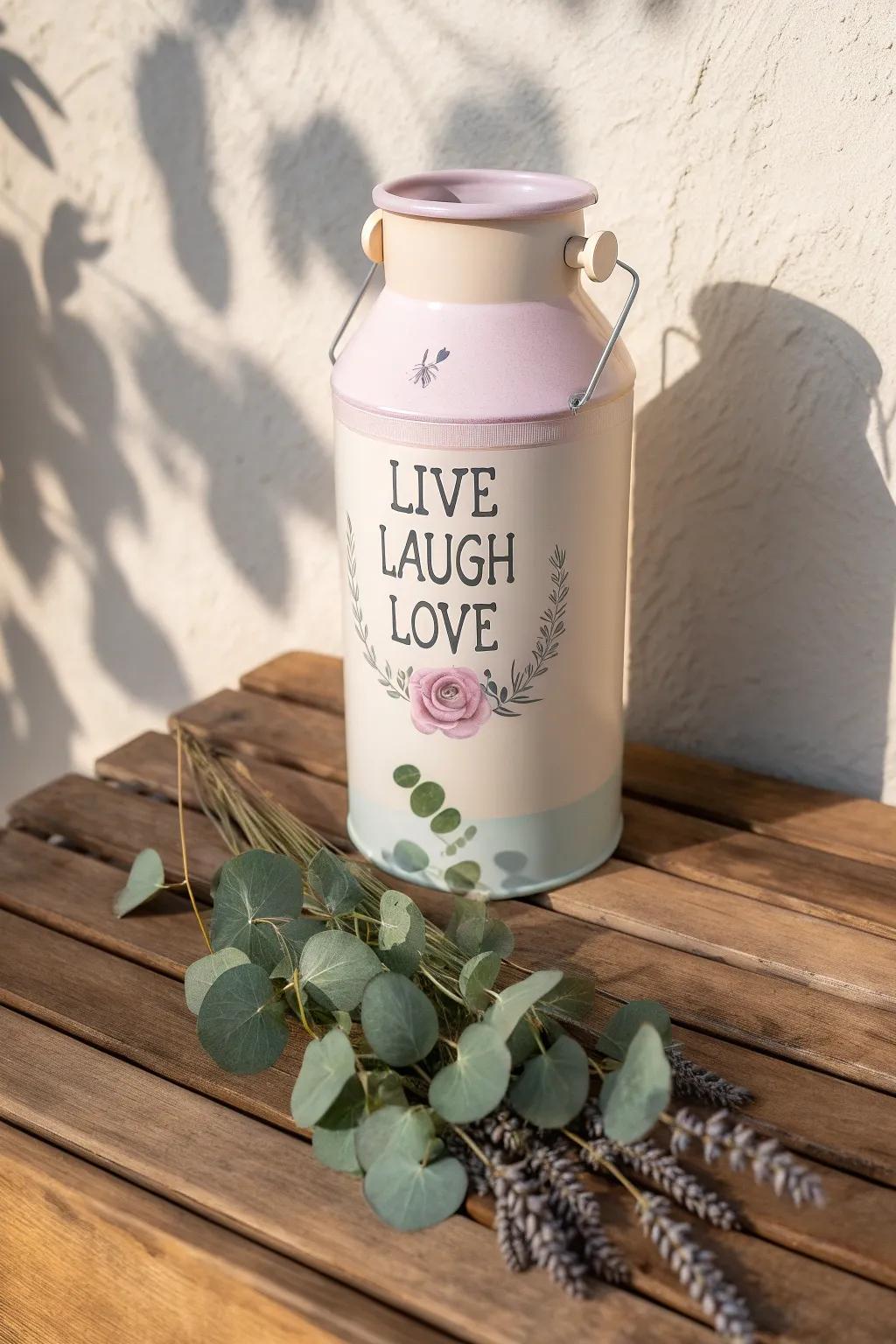 Embrace simplicity and positivity with this charming milk can design. #LiveLaughLove #ScandinavianStyle #BohoCharm