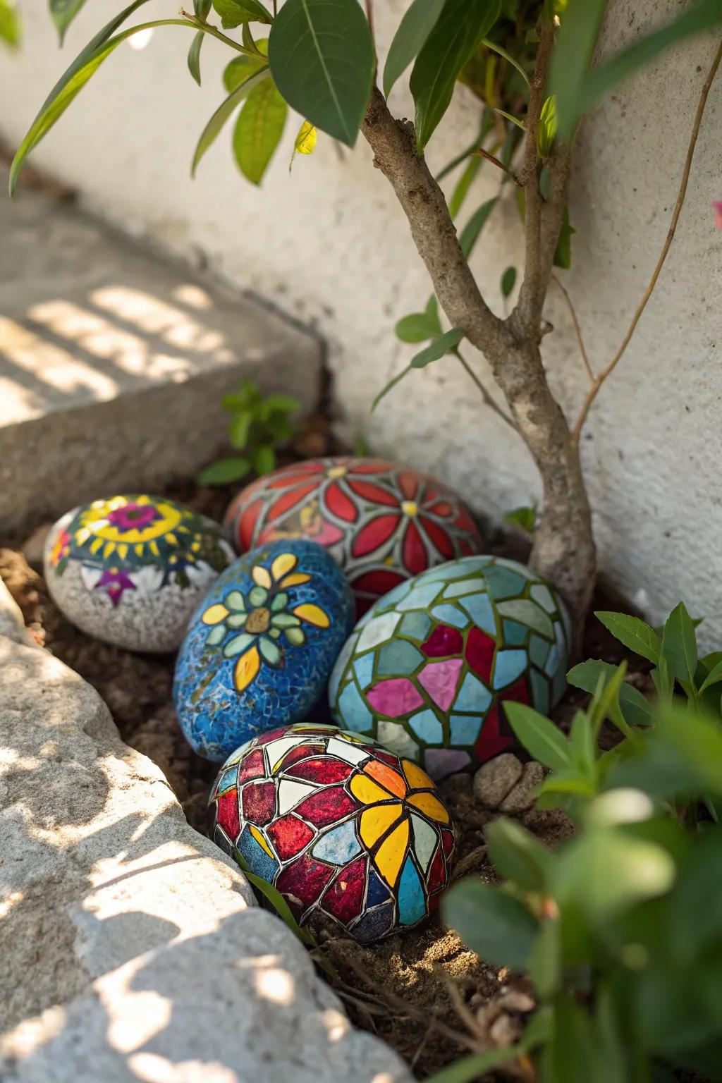 Illuminate your garden with the enchanting glow of mosaic-painted stones, where art meets nature.