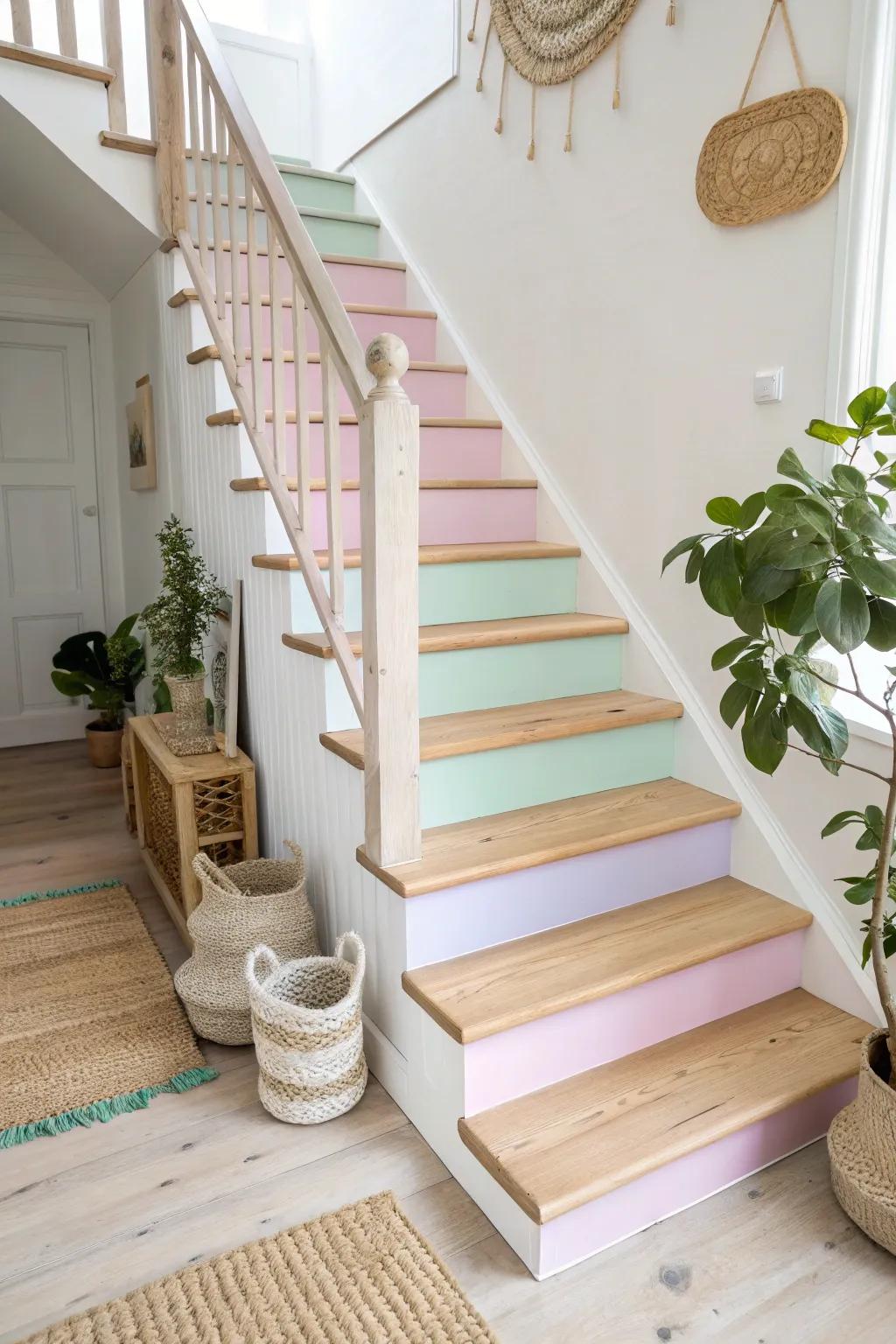 Step into serenity with pastel-painted stairs, where simplicity meets elegance.