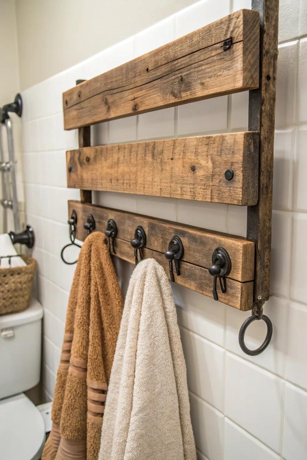 Elevate your bathroom with rustic charm: Craftsmanship meets functionality with pallet towel hooks.