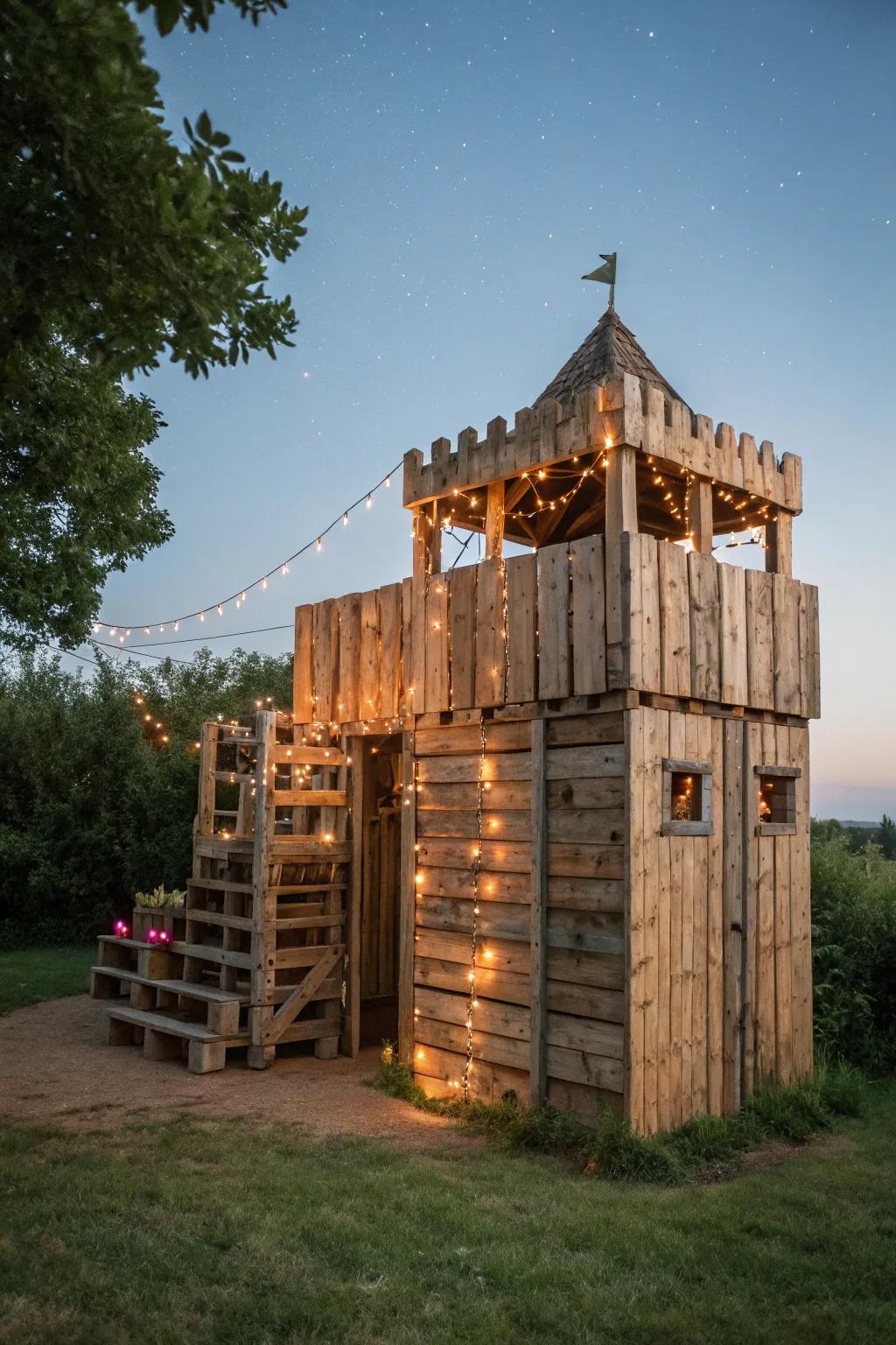 Craft your dream getaway with a pallet fort under a canopy of stars.