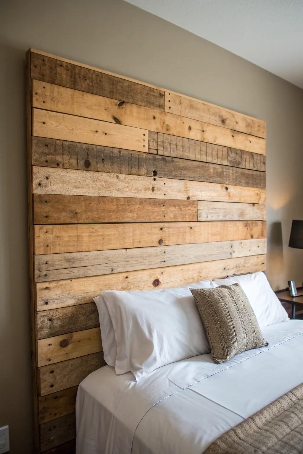 Elevate your bedroom with handcrafted charm: a rustic pallet headboard that speaks to the heart of craftsmanship.