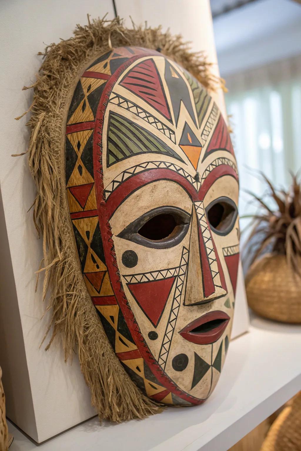 Elevate your style with a stunning paper collage mask that blends bold colors and natural textures.