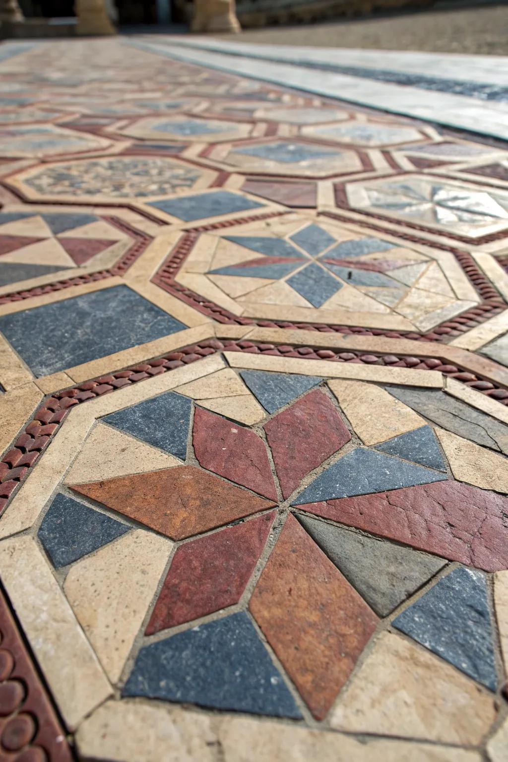 Transform your patio with an artistic mosaic paver design that showcases exquisite craftsmanship.