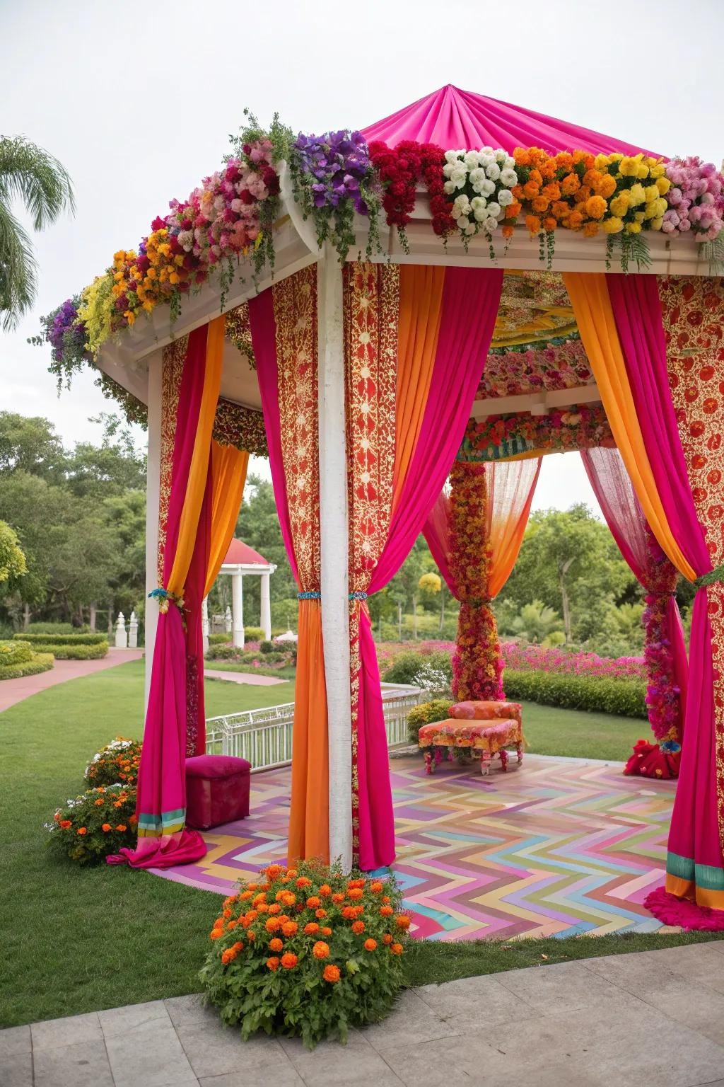 A bold color theme makes the pavilion decor pop.