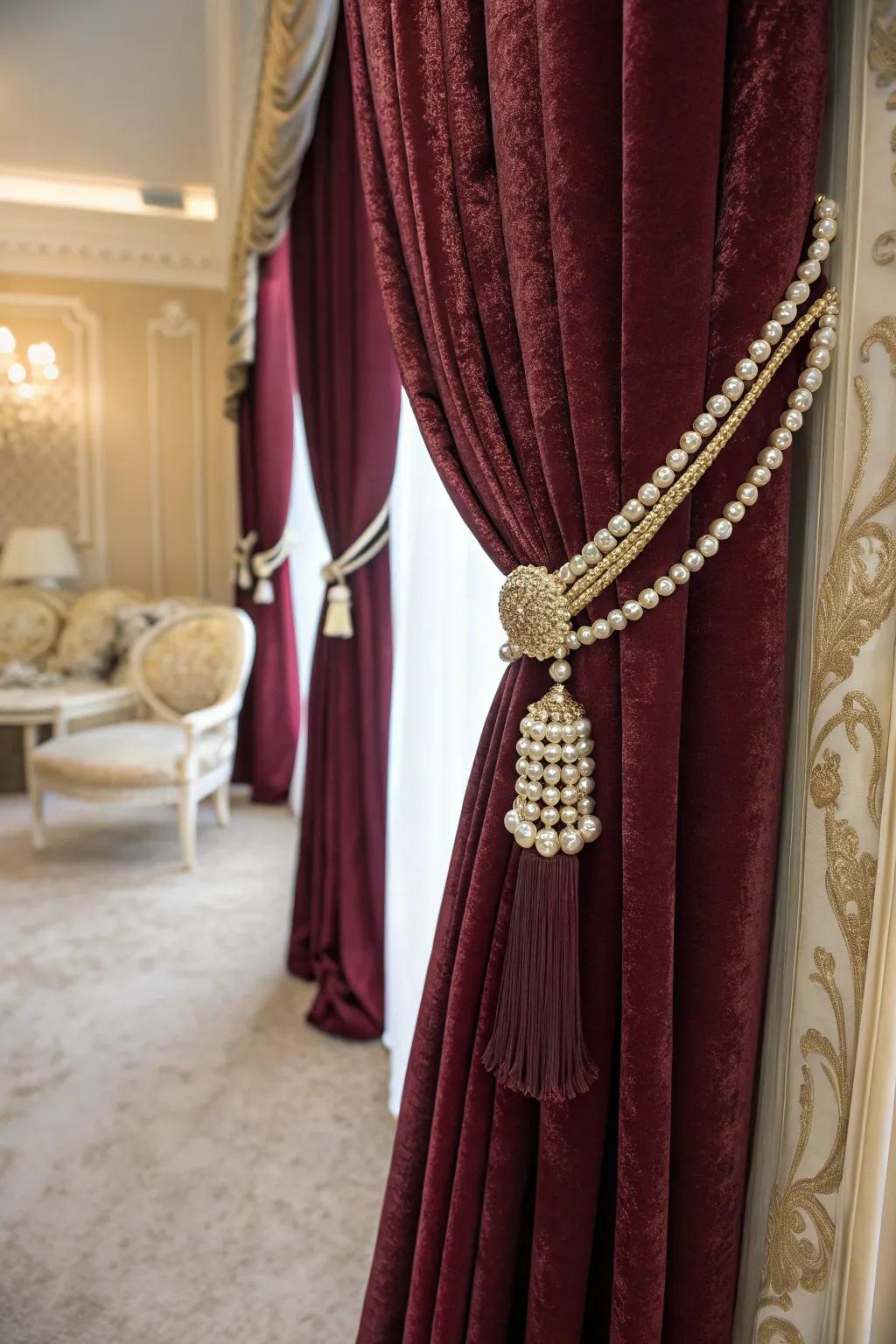 Enhance your windows with pearl-adorned curtain tiebacks.