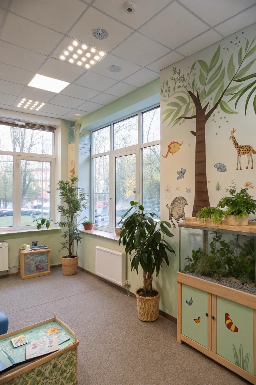 Nature-themed decor that brings tranquility to the office.