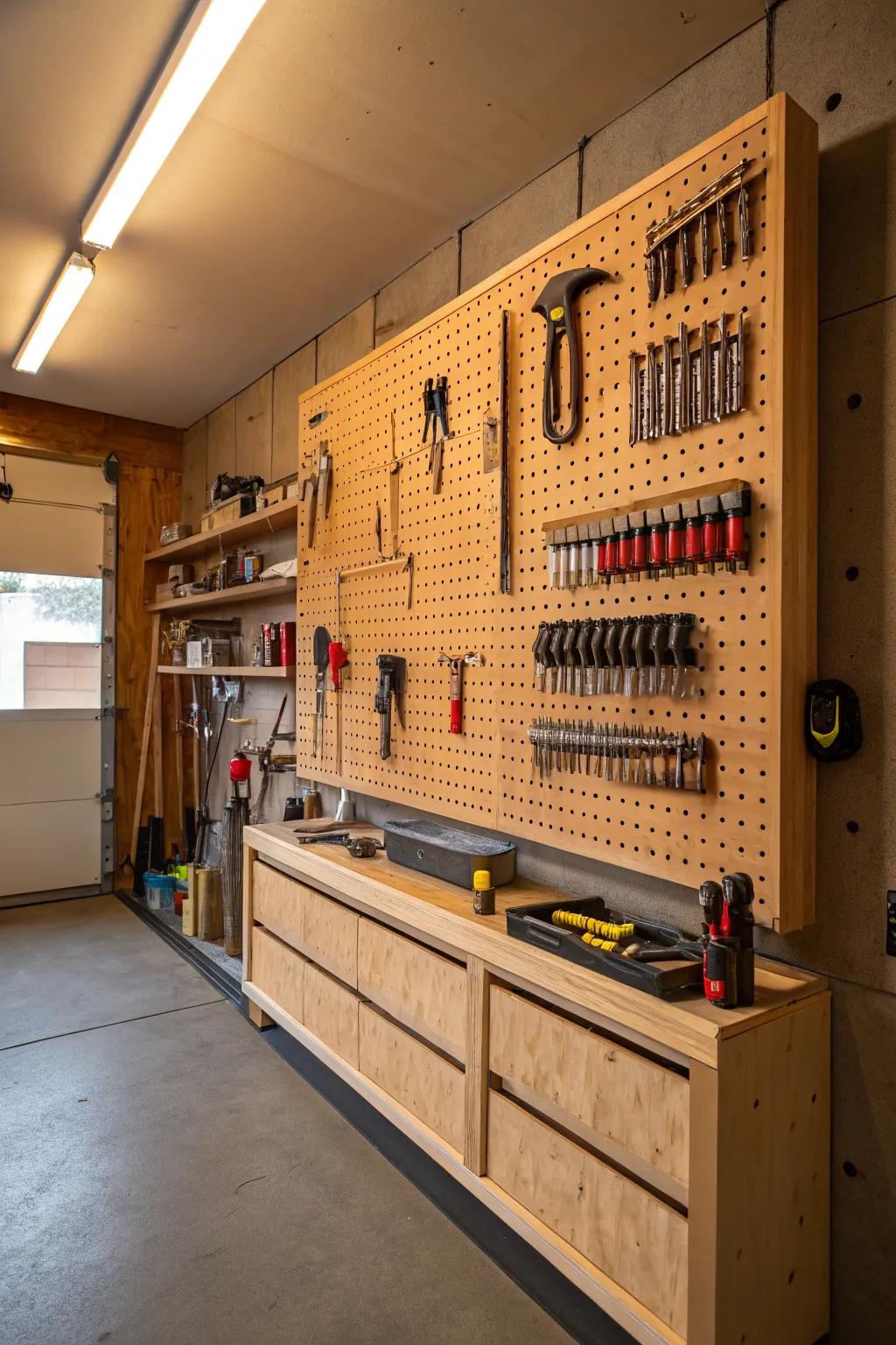 Transform your garage with a stylish pegboard divider that combines organization with craftsmanship.