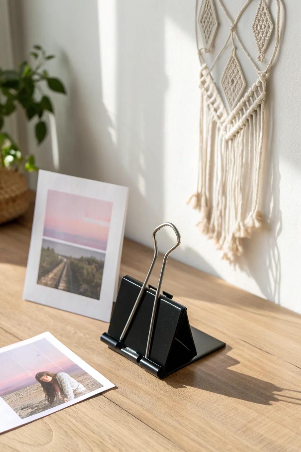 Elevate your space with minimalist elegance: binder clip photo stands for a chic touch.