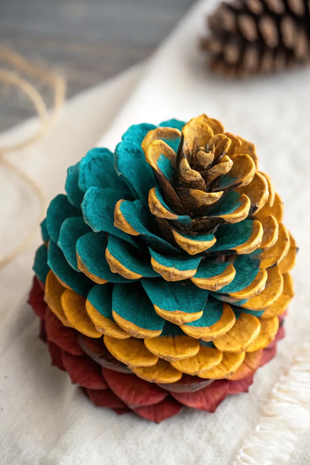 Nature's artistry: a pine cone blossom radiating with bold colors and minimalist elegance.
