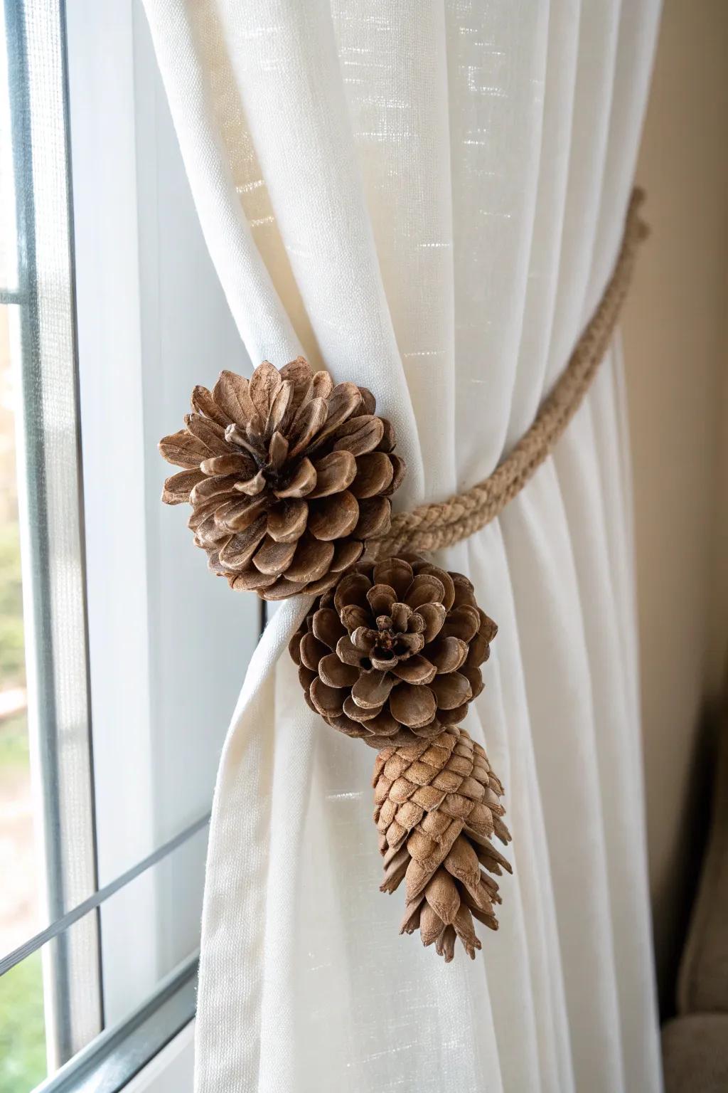 Nature-inspired elegance: Transform your curtains with handcrafted pinecone flower tiebacks.