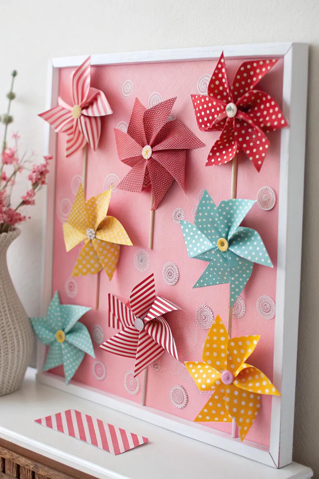 Bring joy to your space with a Pinwheel Parade on a pink bulletin board!