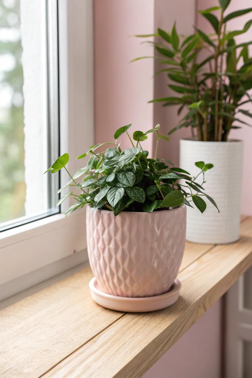 Add a touch of nature with this chic plant in a pink pot, perfect for brightening up any craft room corner.