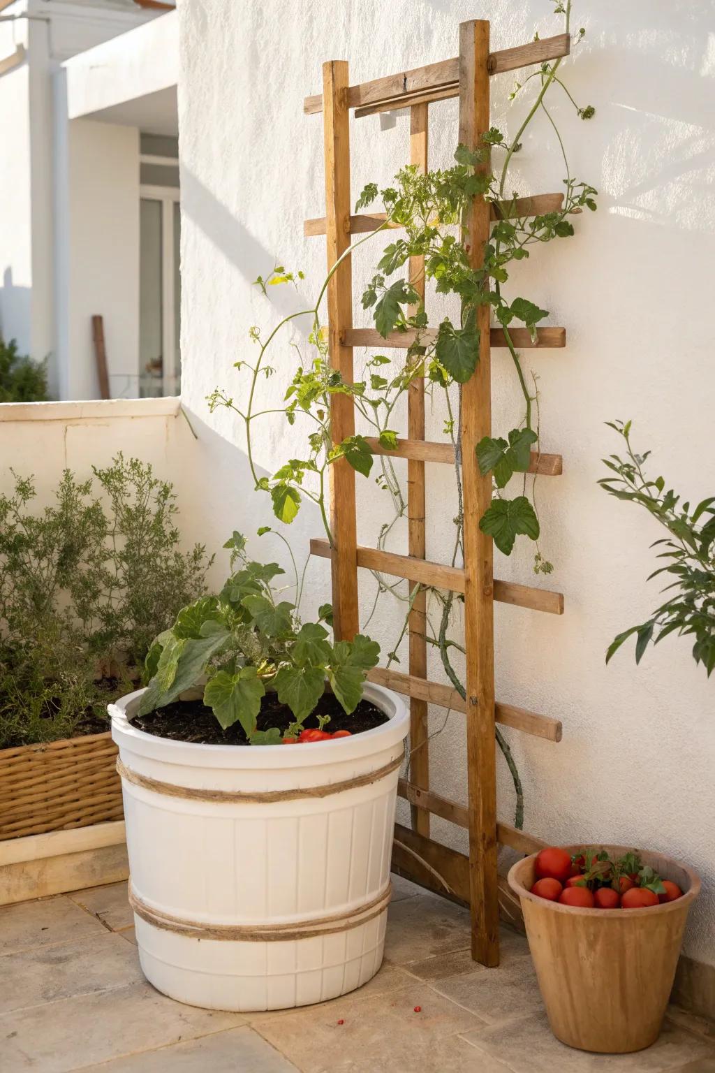 Elevate your garden with minimalist charm: a trellis-supported barrel planter for climbing beauty.