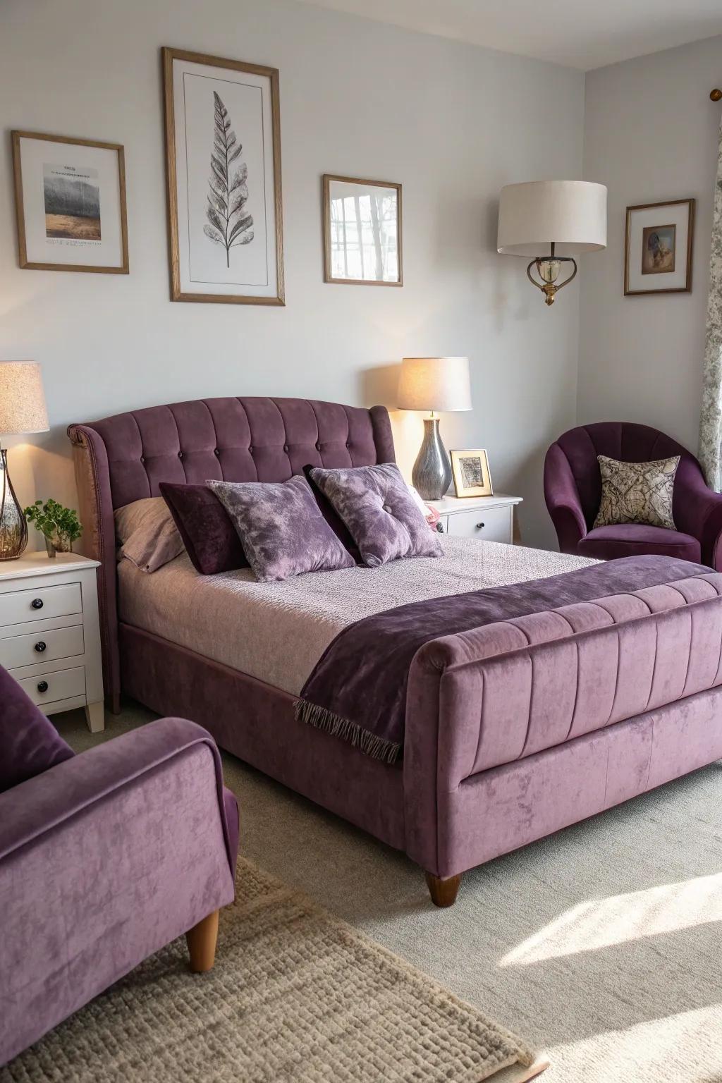 Plum upholstery enhances the room's elegance.