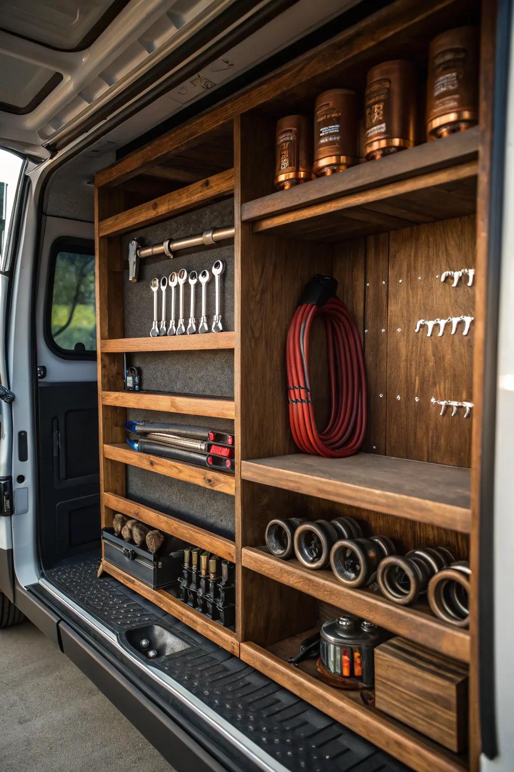 Elevate your van organization with DIY craftsmanship: A stylish and functional shelving solution.