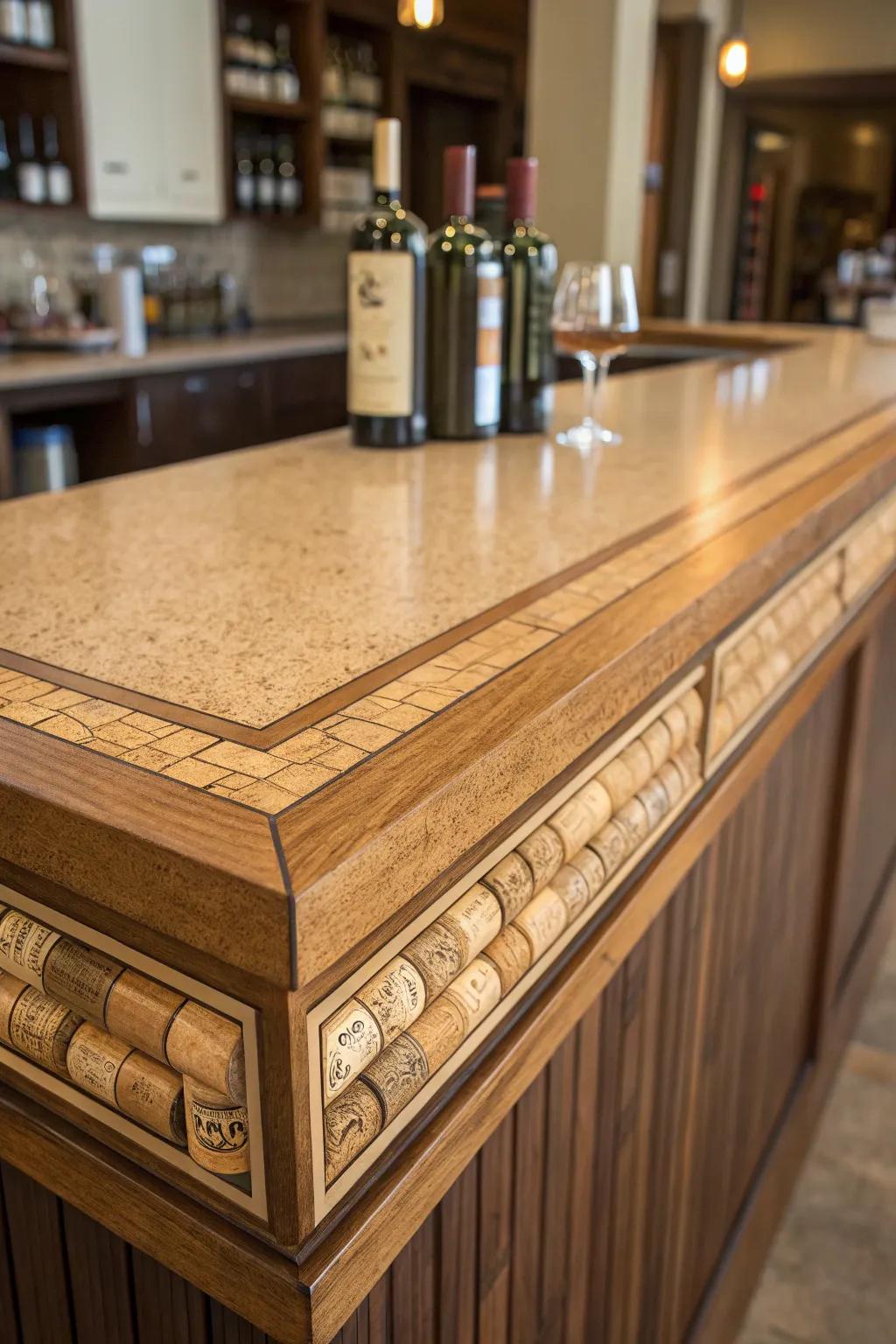 Elevate your bar style with eco-friendly cork inlays on a plywood top—where craftsmanship meets sustainability.