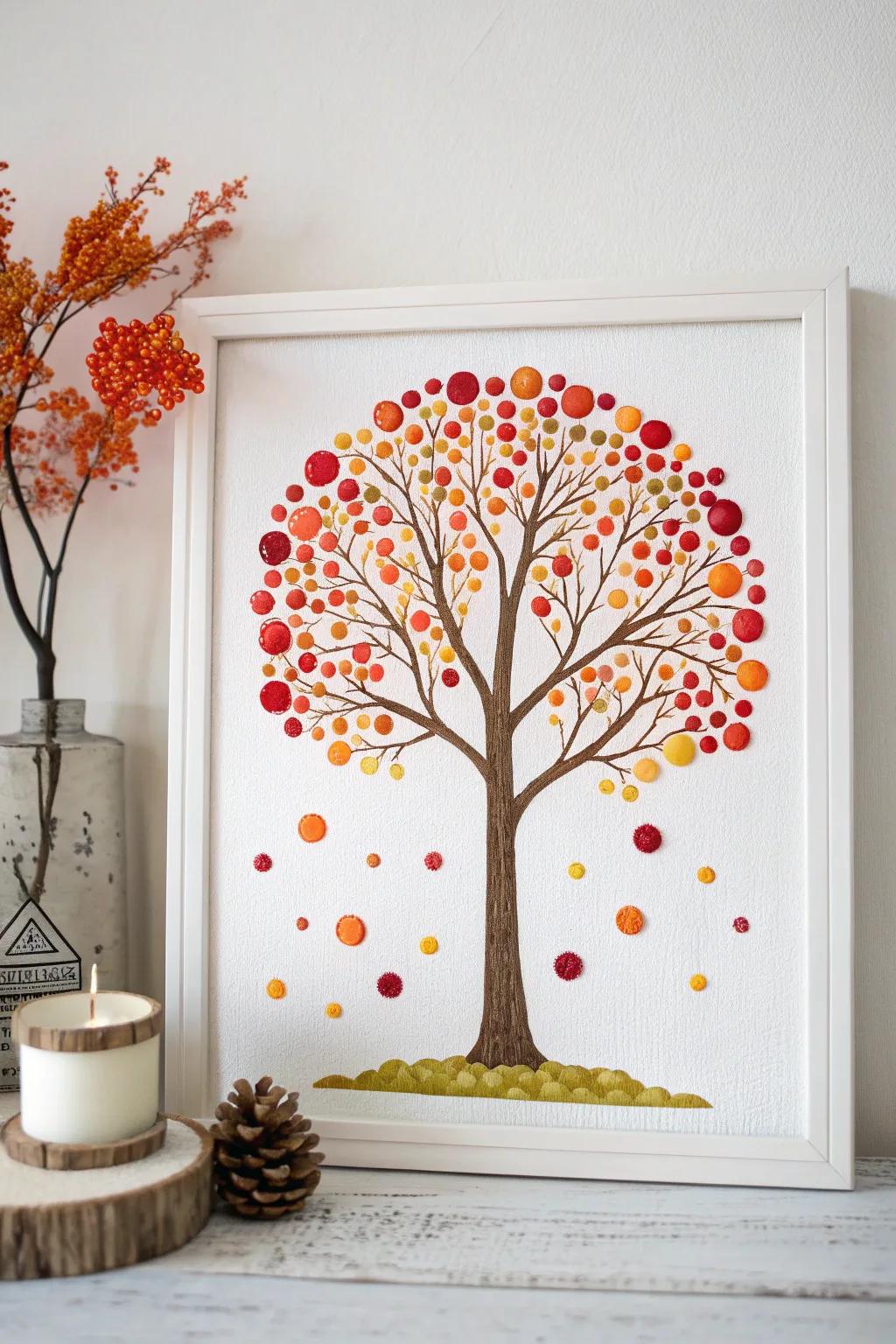 Celebrate the beauty of fall with a touch of artistry - an autumn tree in pointillism.