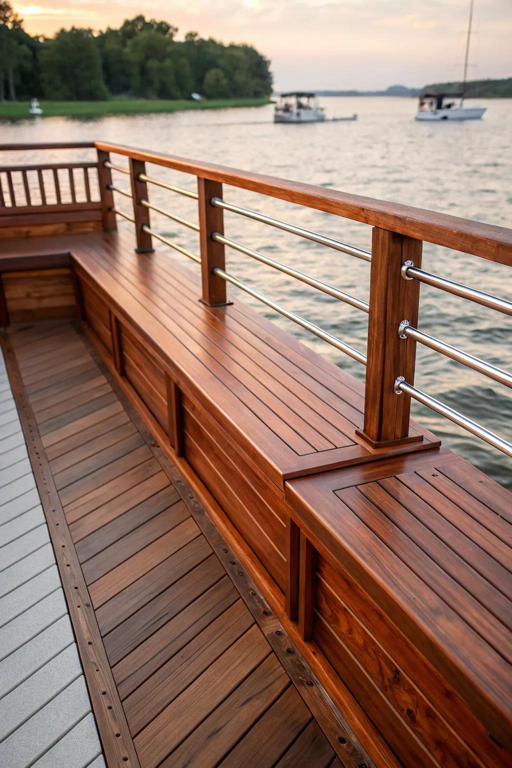 Elevate your pontoon experience with expertly crafted railing and built-in seating—where style meets functionality.
