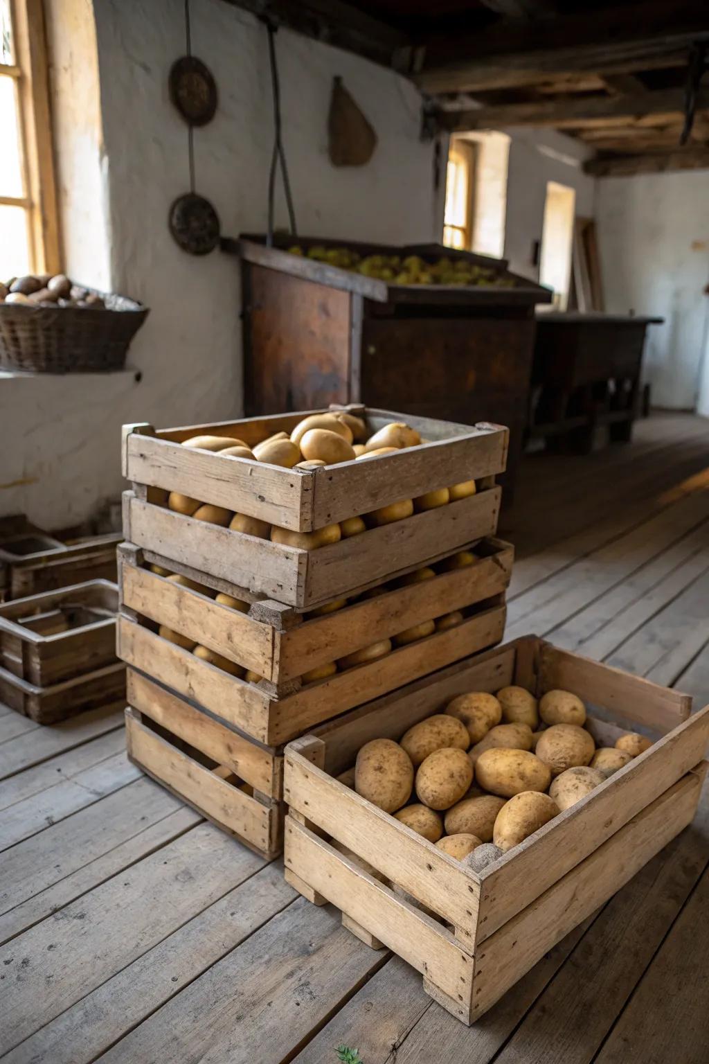 Wooden crates add rustic charm to potato storage.