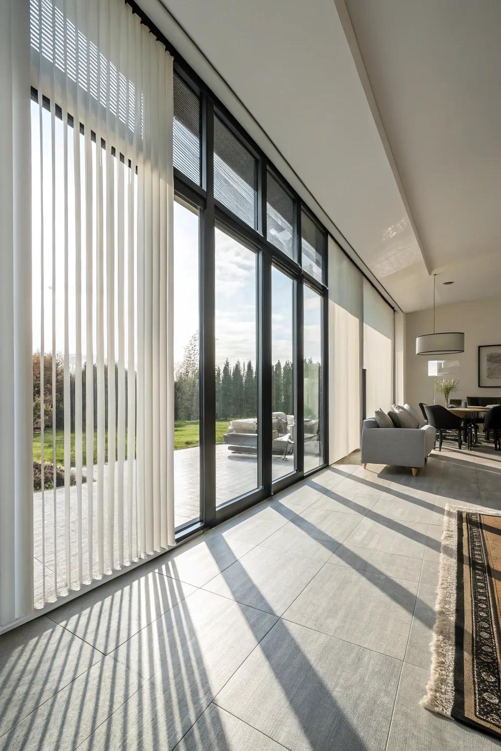 Vertical blinds provide a practical and stylish solution for large windows.