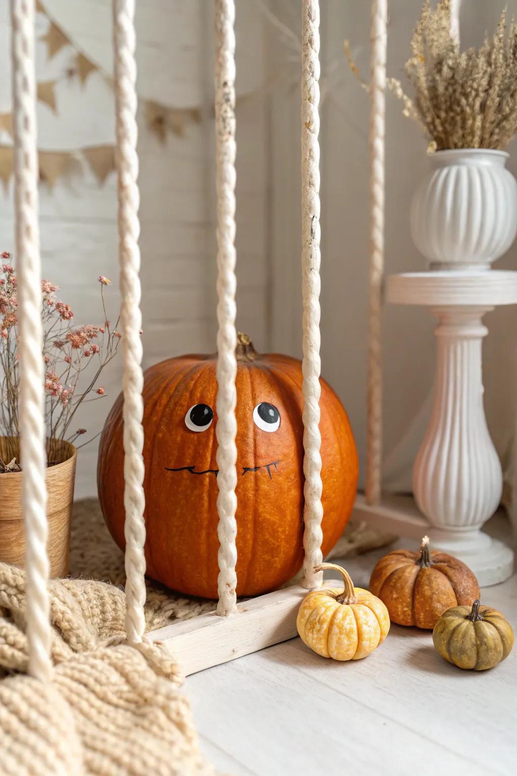 Unlock your creativity with this whimsical 'Jailhouse Eyes' pumpkin carving idea, where simplicity meets playful artistry.