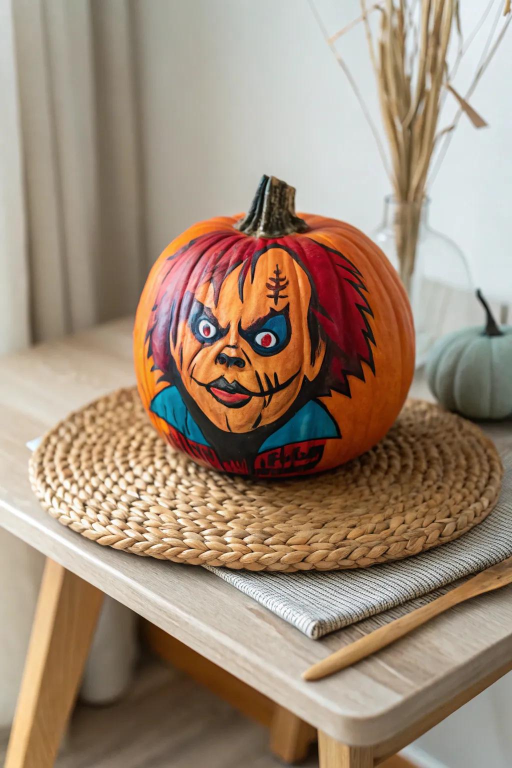 Transform your Halloween decor with a stunning Chucky-inspired painted pumpkin, where minimalist meets boho flair!
