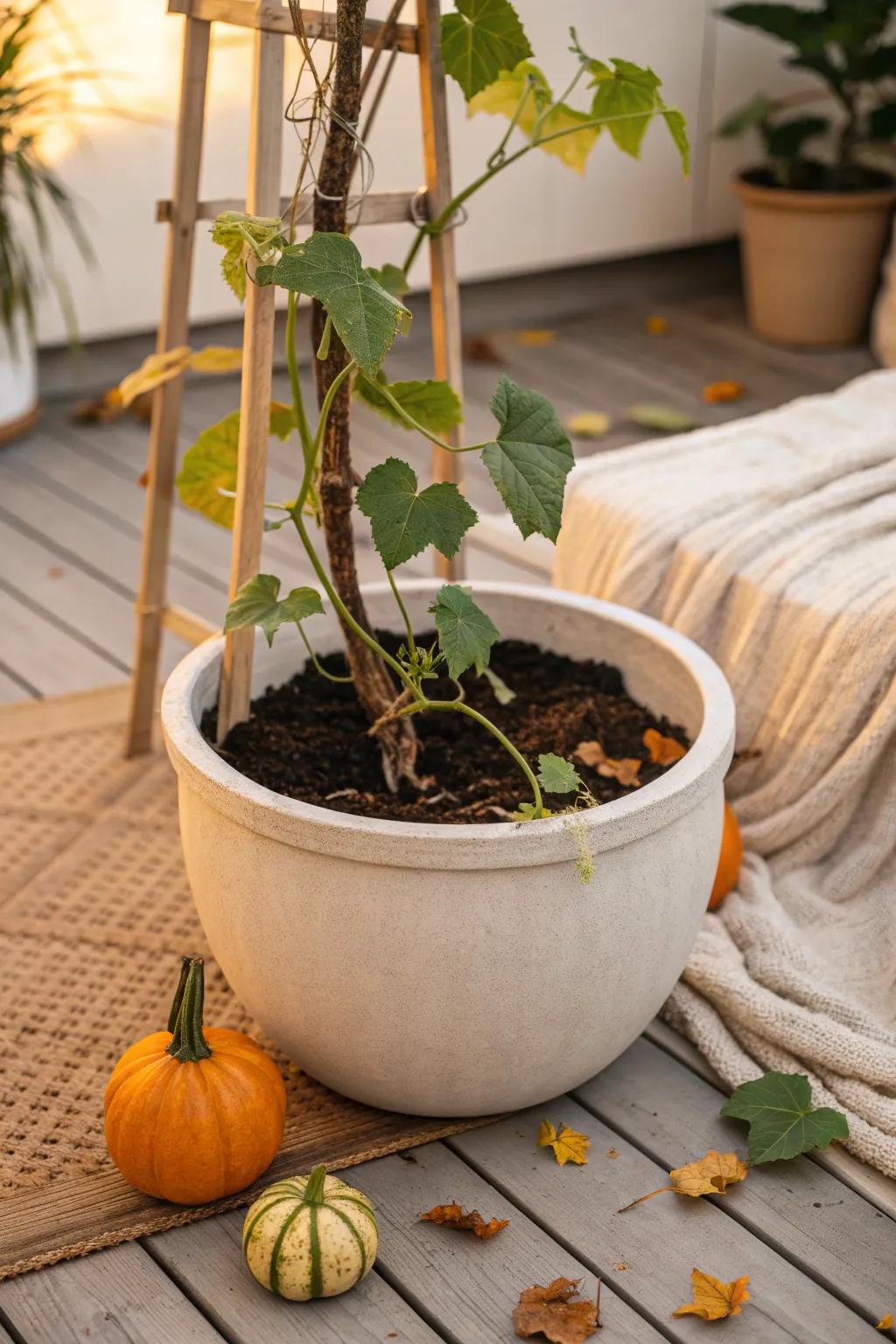 Grow pumpkins in style with a chic container trellis that's perfect for any patio.