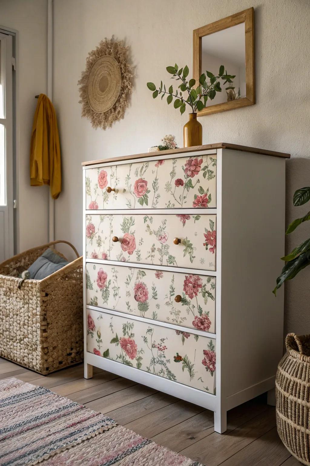 Transform your space with a touch of bohemian elegance: vintage floral fabric-covered drawers for a cozy, minimalist vibe.