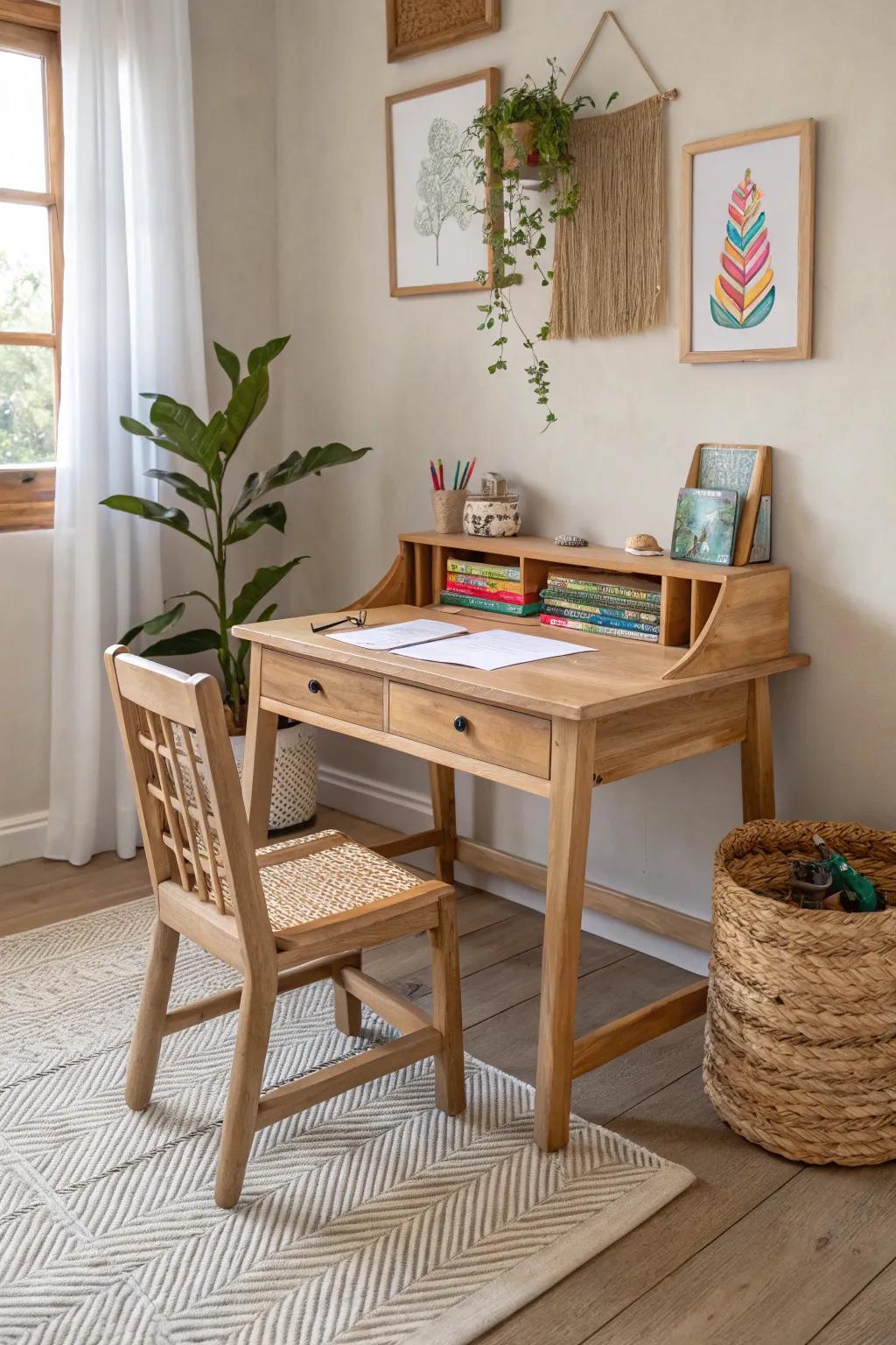 Transform your dining room into a serene study haven for kids with minimalist Scandinavian-Boho flair. 🌿📚✨