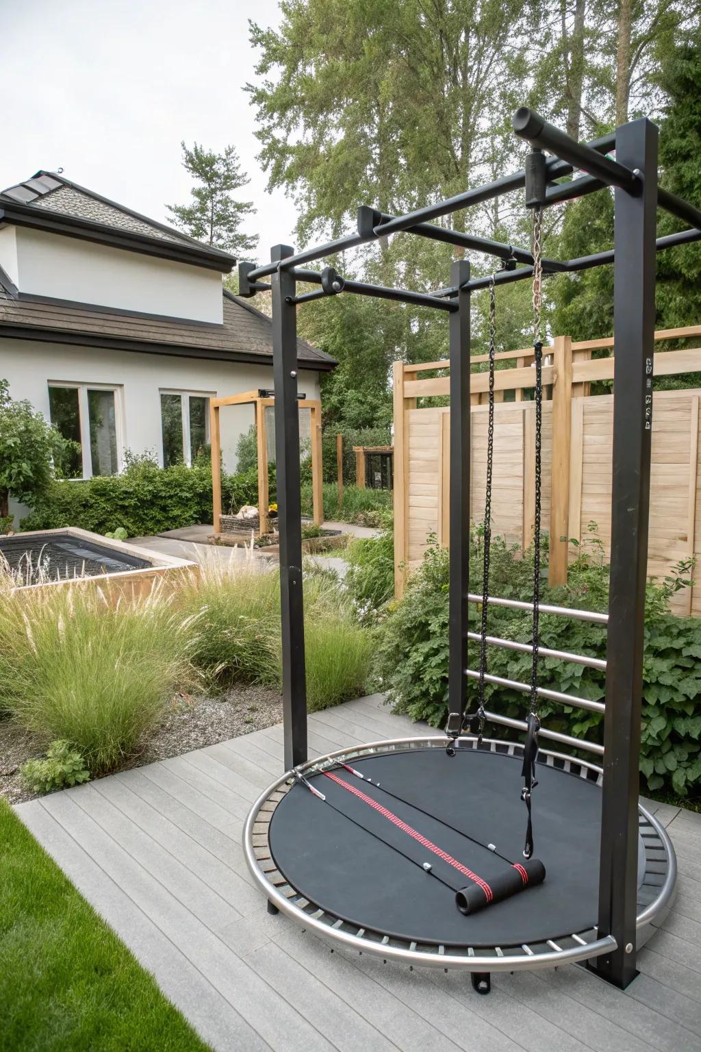 Transform your backyard into a chic personal gym with a repurposed trampoline frame!