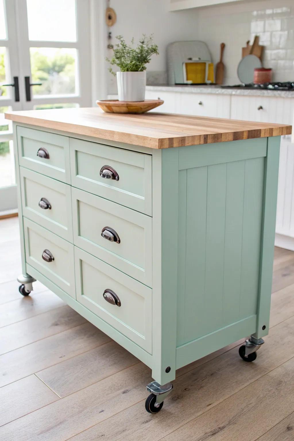 From Bedroom to Kitchen: Elevate your space with this chic, repurposed chest of drawers turned kitchen island, blending minimalism with a touch of boho flair.