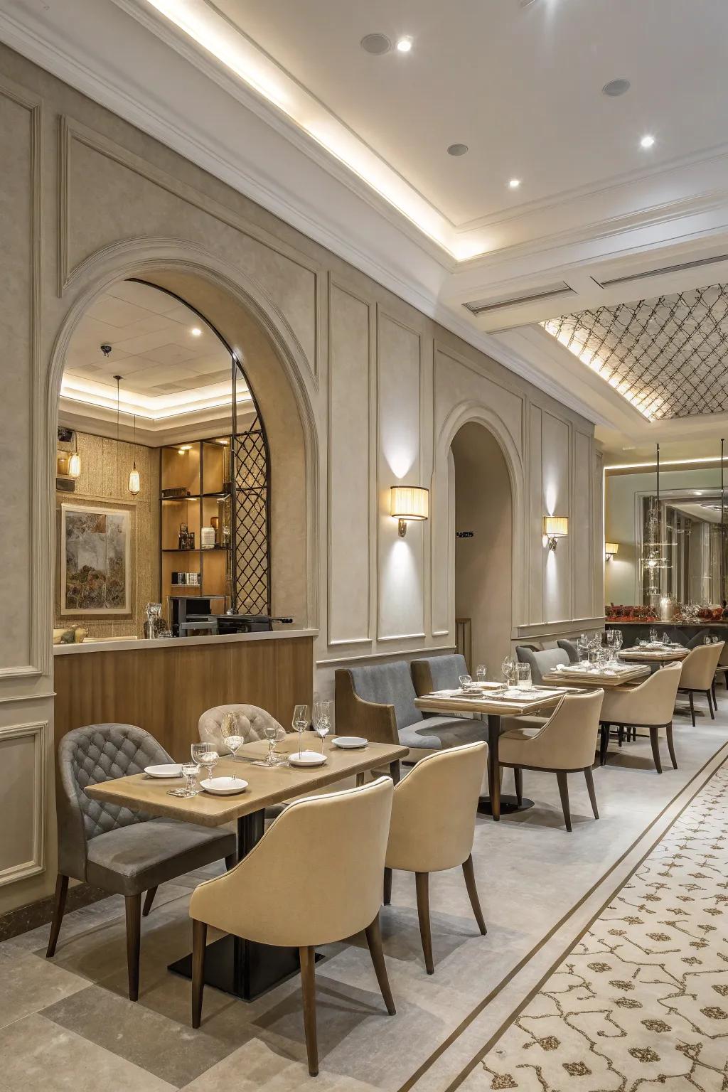 An airy restaurant with understated neutral tones.