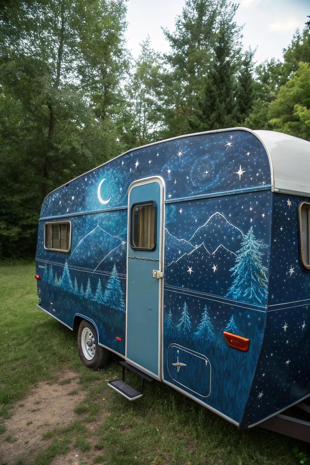 Embark on a celestial journey with this intricately painted night sky camper. A masterpiece of craftsmanship.