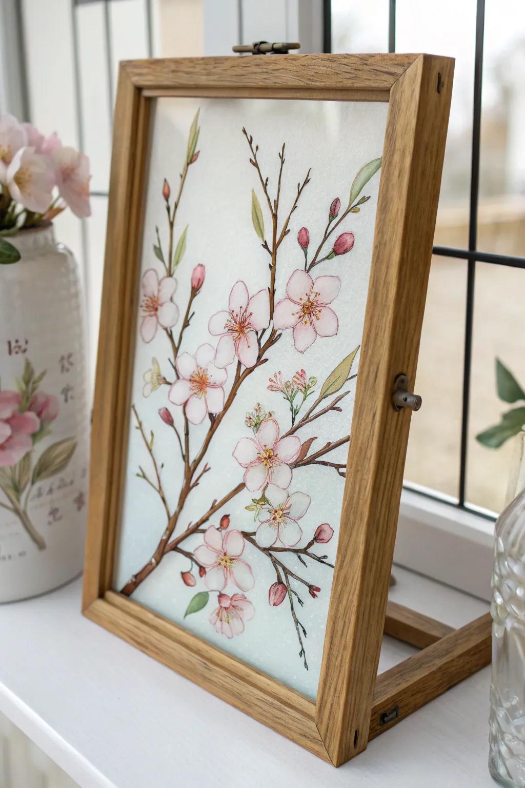 Capture the essence of spring with a minimalist reverse glass painting that brings nature's beauty indoors.