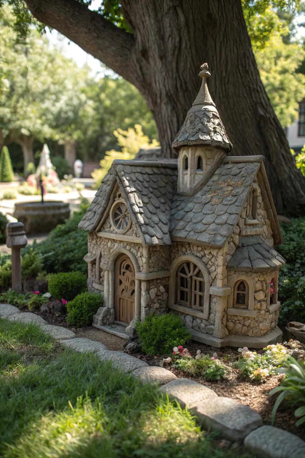 Discover the charm of fairy garden craftsmanship with this intricately carved stone house.