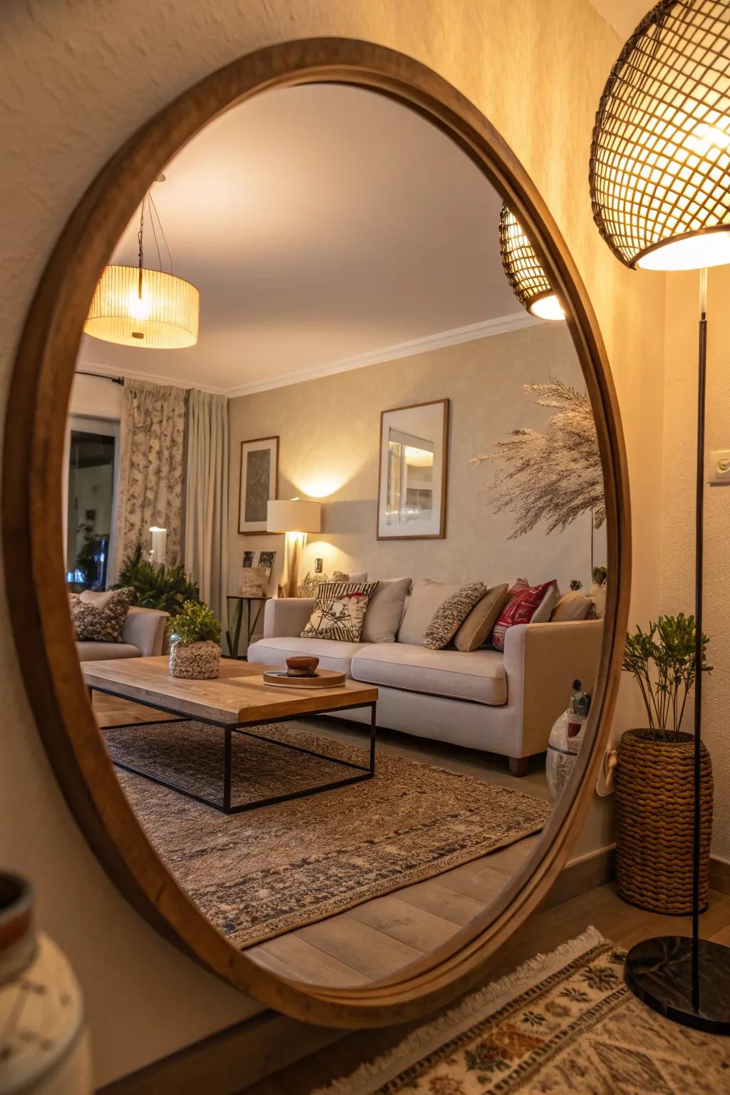 Unexpected placement of a round mirror adds unique charm.