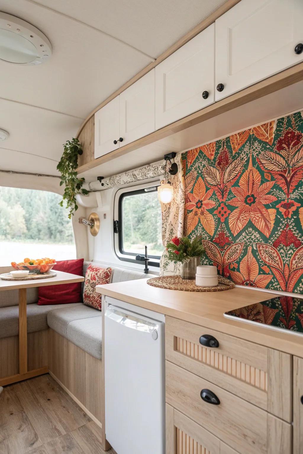 Transform your RV kitchen with stunning decorative wallpaper backsplash—where simplicity meets bold beauty.