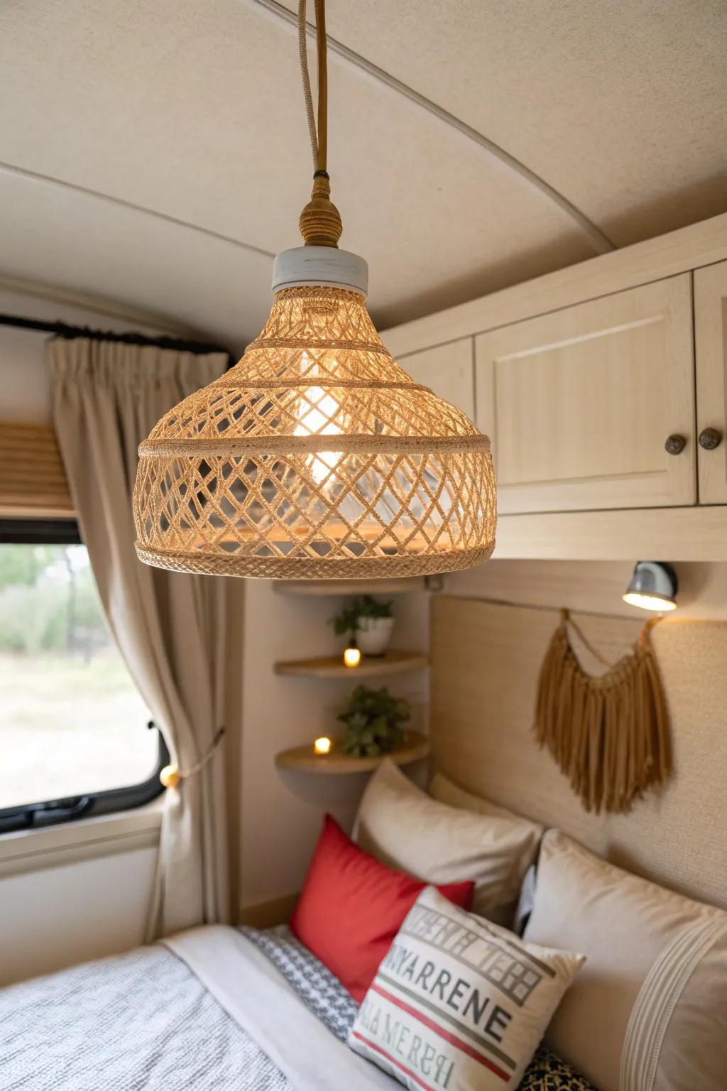 Transform your RV bedroom into a chic retreat with a stylish pendant light, perfect for a cozy reading nook.