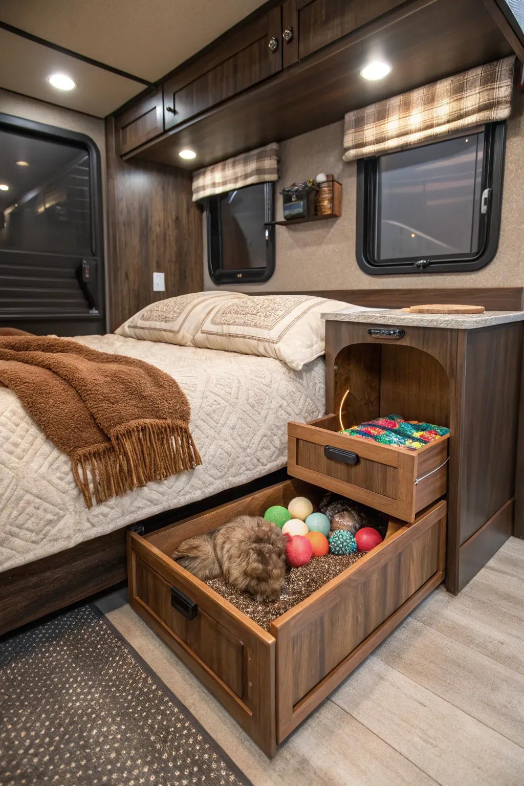 Craft the perfect traveling haven for your furry friend with a stylish pet nook in your RV.