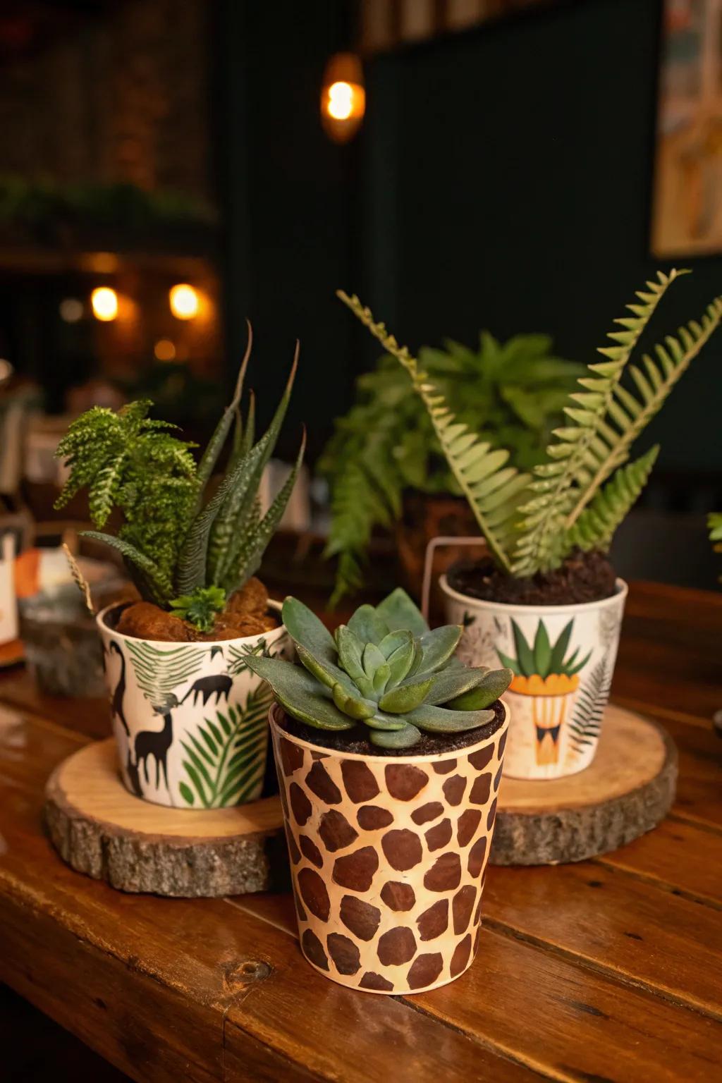 Miniature plant pots offer a fresh, living touch.