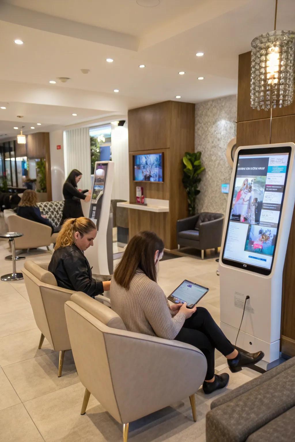 A salon reception area featuring interactive screens for client engagement.
