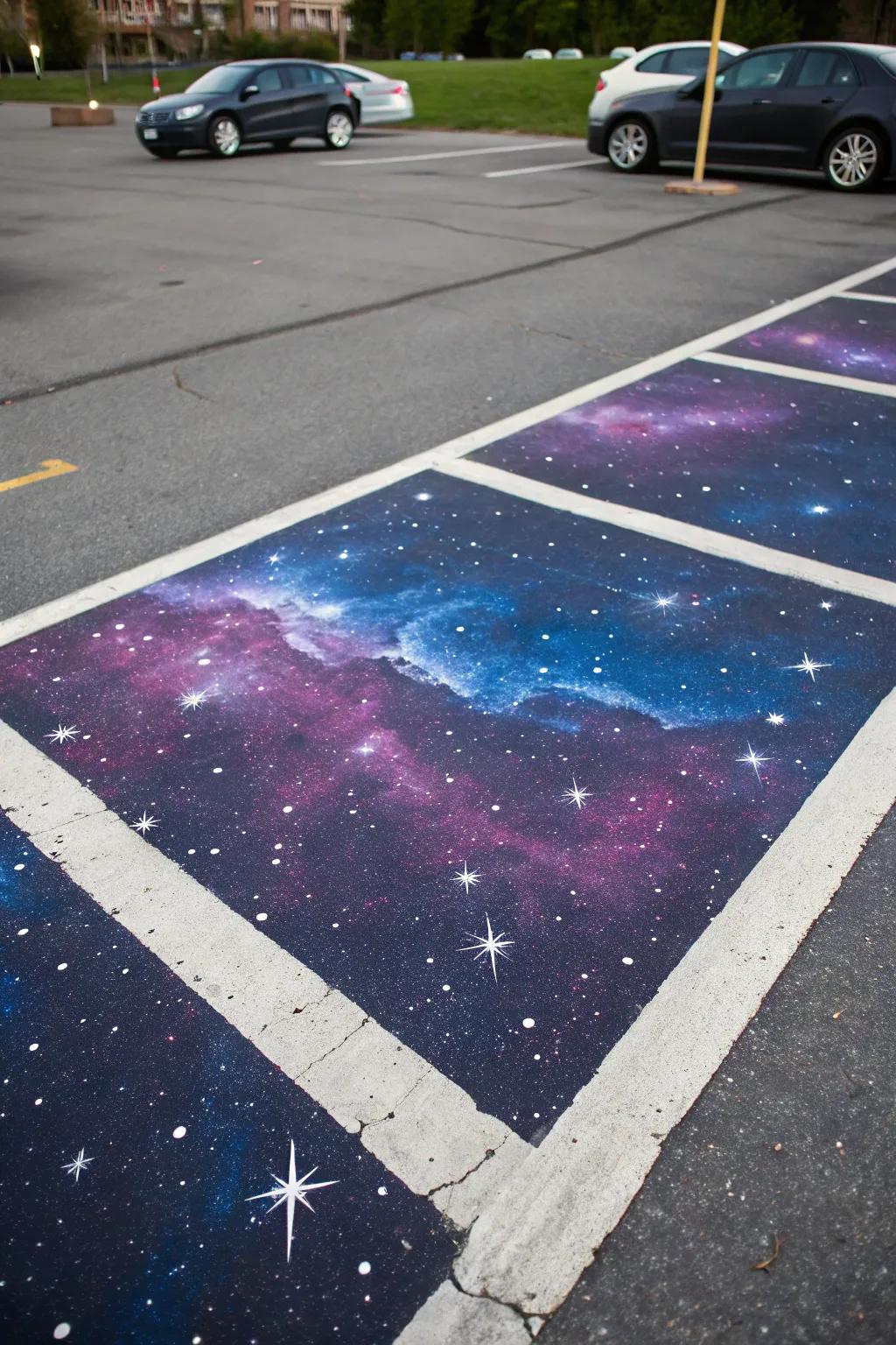 Transform your space into a starry night with a cosmic parking spot stencil, where simplicity meets celestial beauty.
